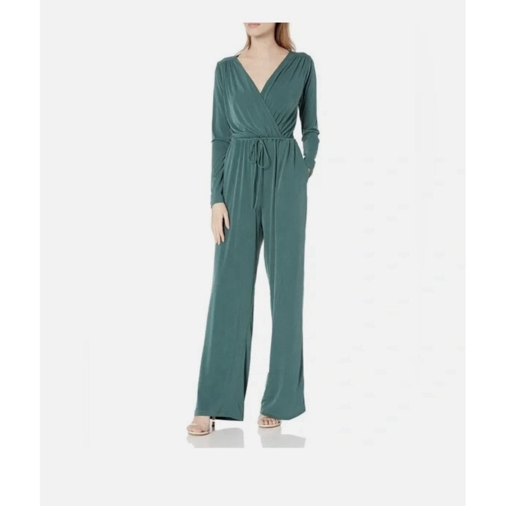 BCBGeneration Womens Surplice Jumpsuit Size XL Open Back Green Drawstring New